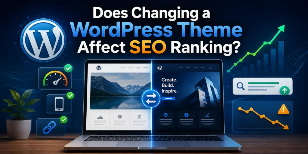 WordPress theme change comparison showing SEO ranking, page speed, mobile usability and internal link signals