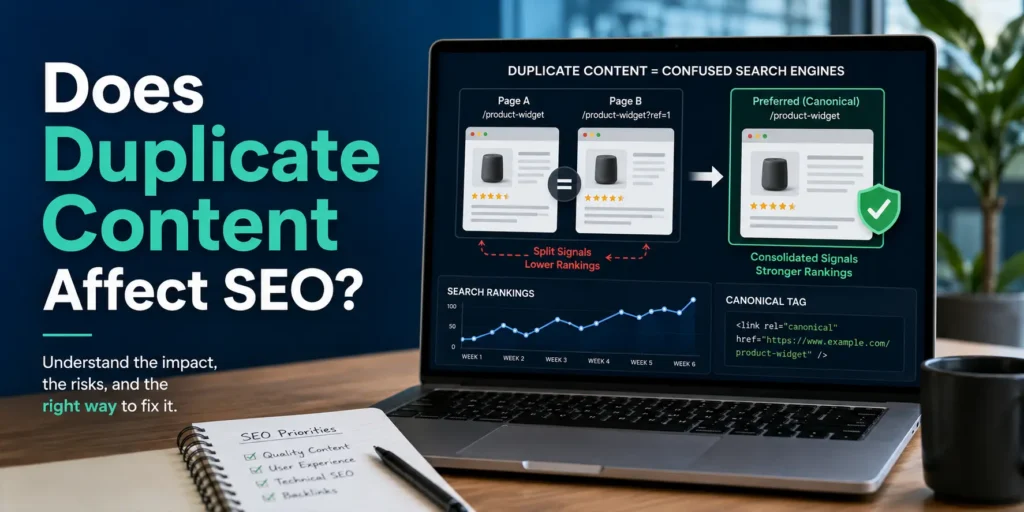 SEO illustration comparing duplicate page versions with a preferred canonical page for search indexing